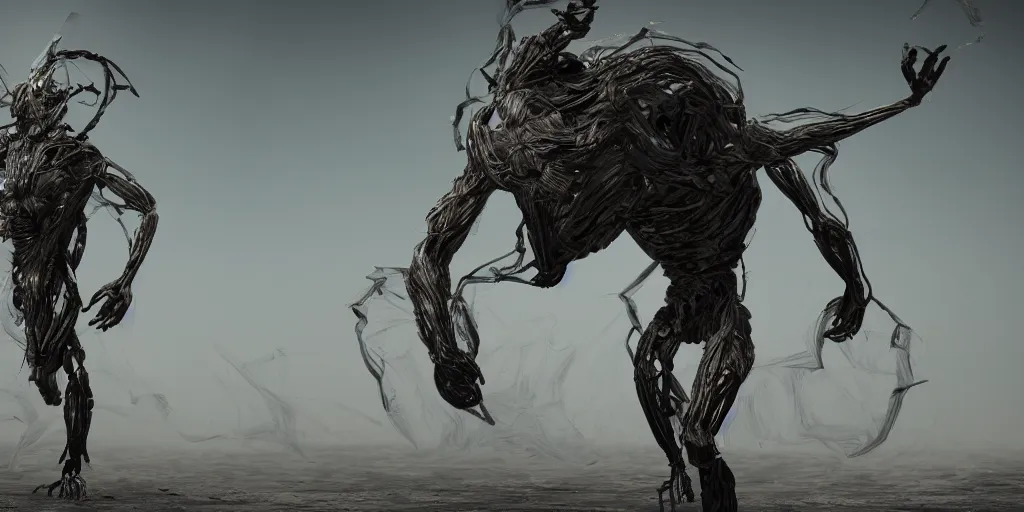 Prompt: a humanoid creature, distorted, pulled, glitched, wind concept art, highly detailed, 8k, hyper realistic, unreal engine