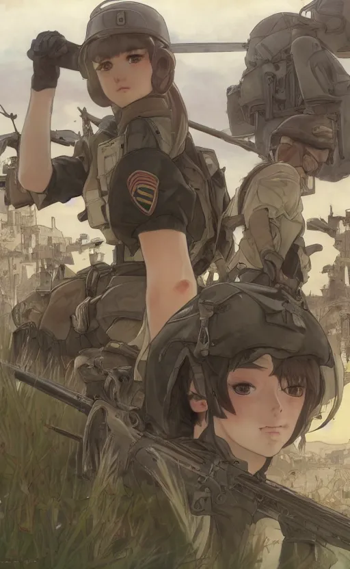 Prompt: panoramic view, girl, soldier clothing, battlefield in background, anime style, short hair, hair down, realistic anatomy, symmetrical facial features, from arknights, hyper realistic, 4 k, rule of thirds, extreme detail, detailed drawing, safebooru, realistic lighting, by alphonse mucha, greg rutkowski, sharp focus, backlit