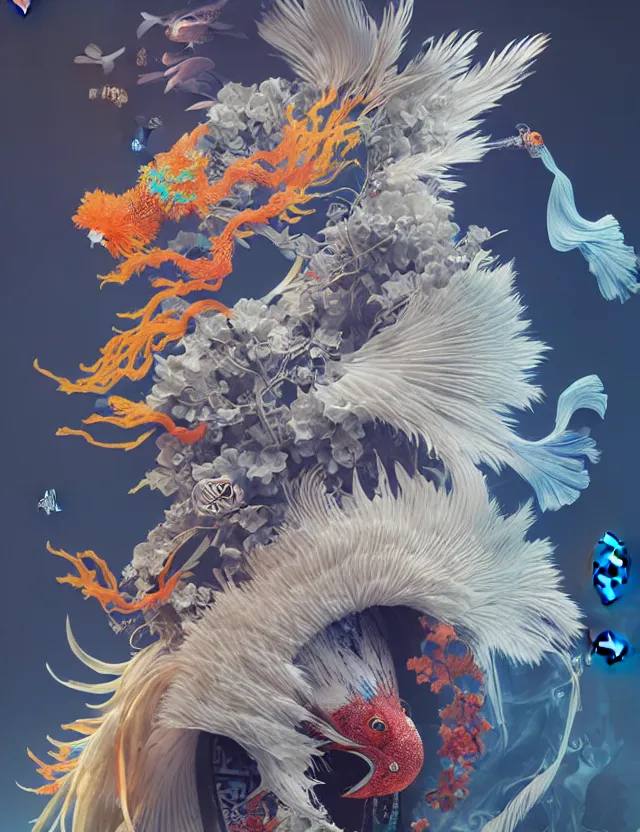 Prompt: new world order, intricately detailed japanese crow kitsune mask and clasical japanese kimono. betta fish, jellyfish phoenix, bio luminescent, plasma, ice, water, wind, creature, artwork by tooth wu and wlop and beeple and greg rutkowski