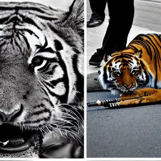 Prompt: photography of a tiger and a policeman smoking marijuana in the streets