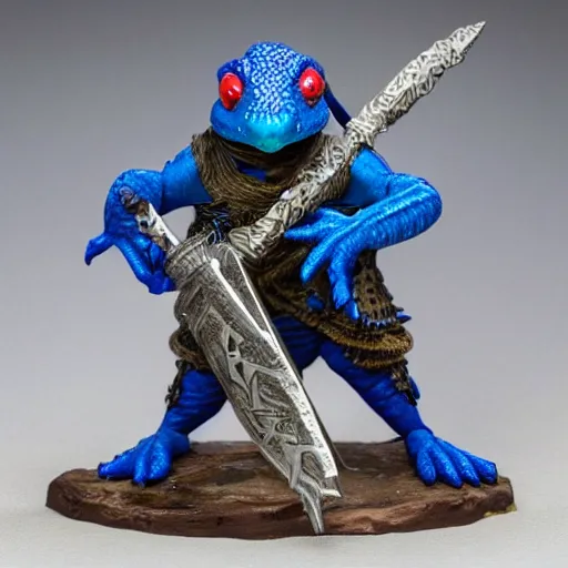 Image similar to a blue lizard warrior who is wearing a silly hat, highly detailed, fantasy, dnd, wearing armor, holding a sword