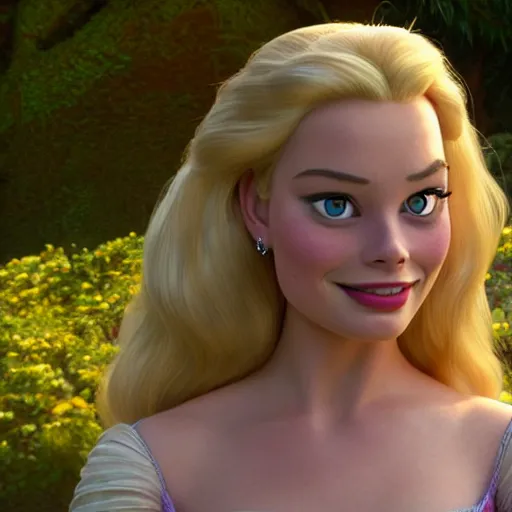 Prompt: Margot Robbie as Rapunzel in disney tangled live action, 8k full HD photo, cinematic lighting, anatomically correct, oscar award winning, action filled, correct eye placement,