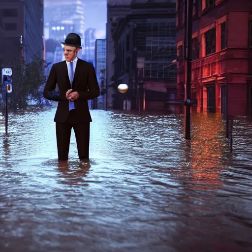 Prompt: a man in suit sitting on the top of a car in a flooded street, looking at his phone, trending on Artstation, 8k, photorealistic, hyper detailed, unreal engine 5, IMAX quality