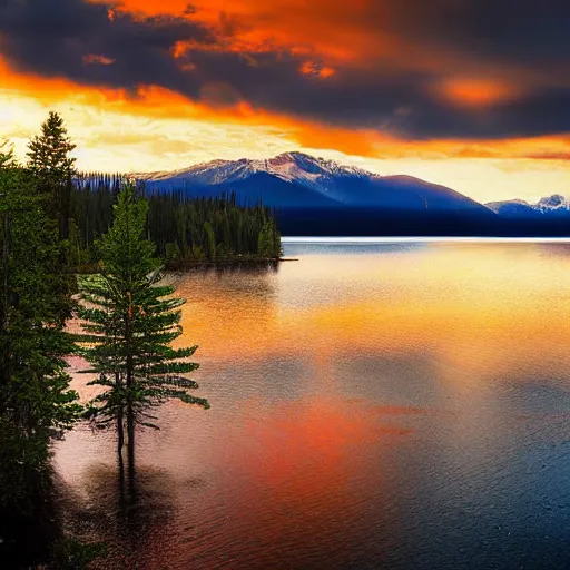 Prompt: a scenic view of a kanas lake surrounding by taiga, golden hour, high resolution, by david noton