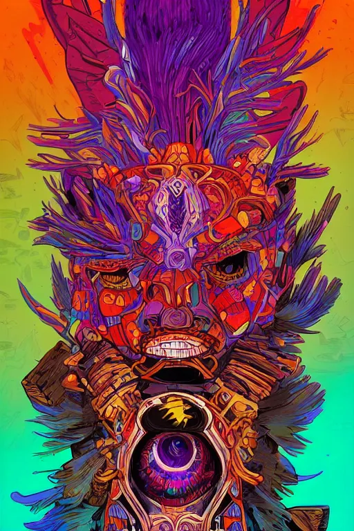 Image similar to totem animal tribal chaman vodoo mask feather gemstone plant wood rock video game illustration vivid color borderlands by josan gonzales and dan mumford radiating a glowing aura