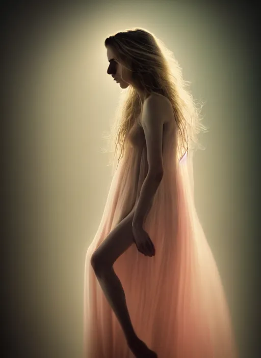 Image similar to portrait photography of a beautiful woman, in fine art photography style of Giovanni Gastel , brit marling style 3/4 , natural color skin pointed in rose, the hair is like stormy clouds, full body dressed with a ethereal transparent voile dress, elegrant, 8K, soft focus, melanchonic soft light, volumetric dramatic lighting, highly detailed Realistic, hyper Refined, Highly Detailed, natural point rose', outdoor soft lighting, soft dramatic lighting colors scheme, soft blur lighting, fine art fashion photography