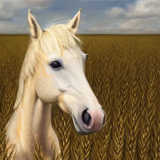 Prompt: a portrait of a posed petite blonde horse in a cornfield, great body, oil painting, pale colors, high detail, 8 k, wide angle, trending on artstation,