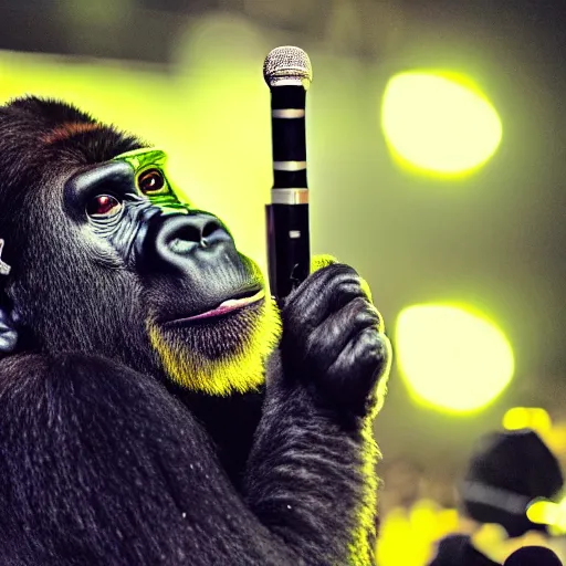 Image similar to a gorilla singing into a microphone as large crowd of people scream, at an outdoor night time stadium concert. highly detailed. wide angle