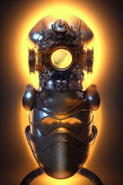 Image similar to steampunk mask minimalist fantasy art robot ninja helmet, global illumination ray tracing hdr fanart arstation by sung choi and eric pfeiffer and gabriel garza and casper konefal radiating a glowing aura