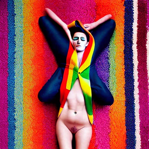 Prompt: a beautiful fashion model laying on a colorful rug, wearing a lot of different colorful ties on her body. surreal photograph, toiletpaper magazine, 3 5 mm photograph, colourful, by pierpaolo ferrari, maurizio cattelan