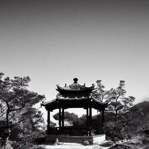 Image similar to little pavilion in the mountain, black and white, by lang jingshan,