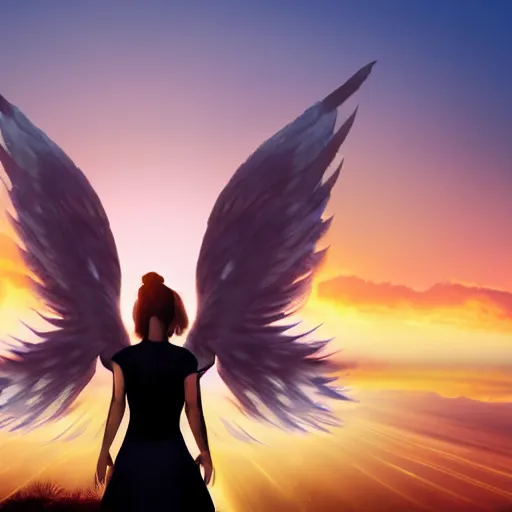 Prompt: beautiful angel with majestic wings flying in the sky during a sunset, cinematic, photo, real