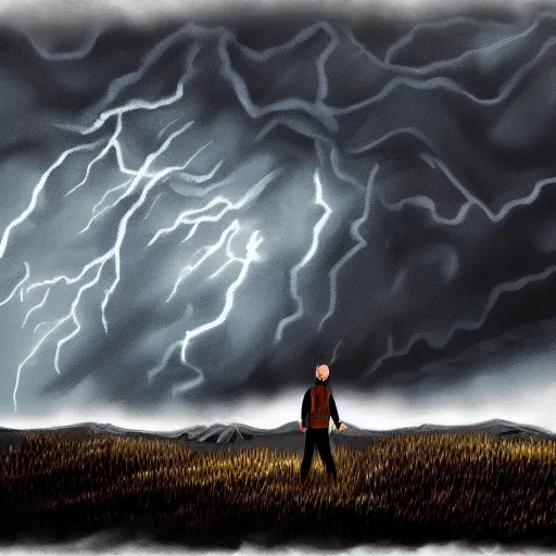 Image similar to a regretful man on a hill and storm is coming, digital painting, futured, ultra detailed