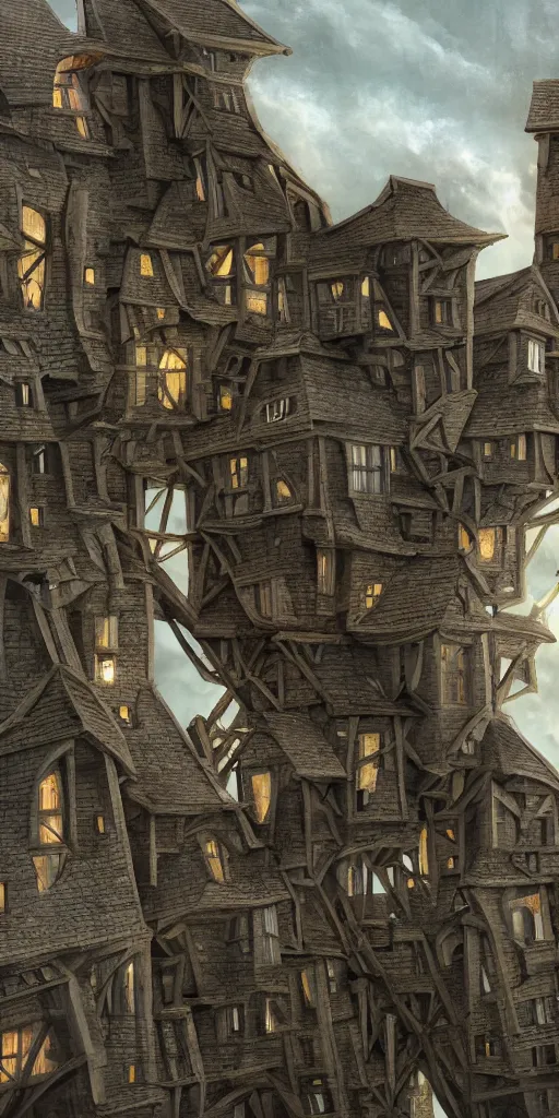 Prompt: multiple medieval houses stacked on each other, creating a thin monolith, sunlight, concept art, very tall, trending on deviantart, movie still, award wining photograph