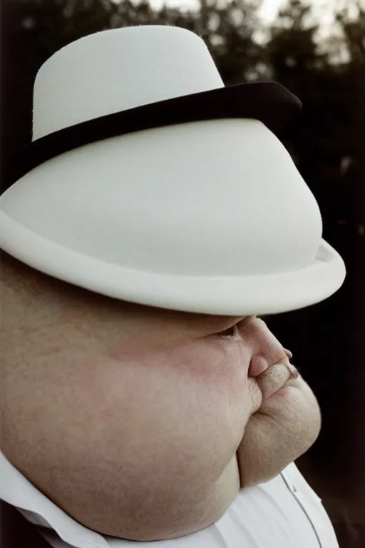 Prompt: close-up photography, portrait of fat man in white hat, soft light, 35mm, film photo, Joel Meyerowitz