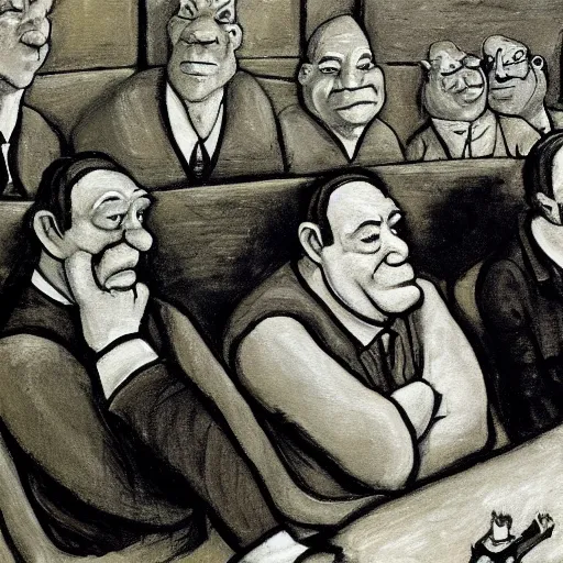 Prompt: shrek at nuremberg trials. court painting