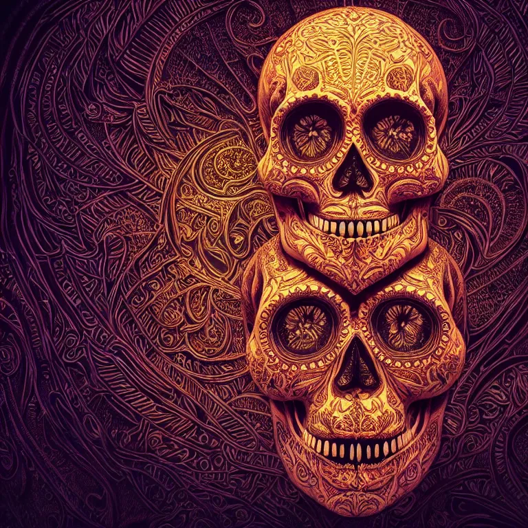 Prompt: a highly detailed photographic render of intricately carved sugar skull, symmetrical, centred, psychedelic, black background, neon light, intricate ornament, gilding, horror, dark fantasy, beautifully lit, ray traced, octane 3D render in the style of Gerald Brom and James Gurney