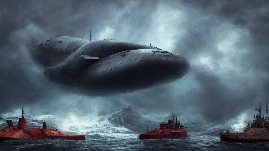 Image similar to soviet submarine destroyed by giant squid, stormy ocean, intricate, detailed, volumetric lighting, sharp focus, scenery, digital painting, highly detailed, concept art, ruan jia, steve mccurry