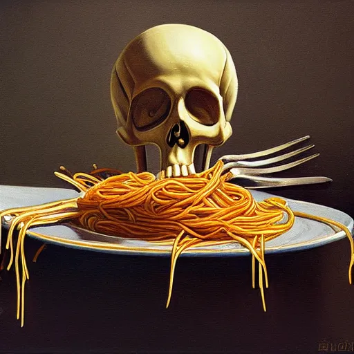 Prompt: a lonely skeleton eating spaghetti alone in his apartment, detailed realistic oil painting