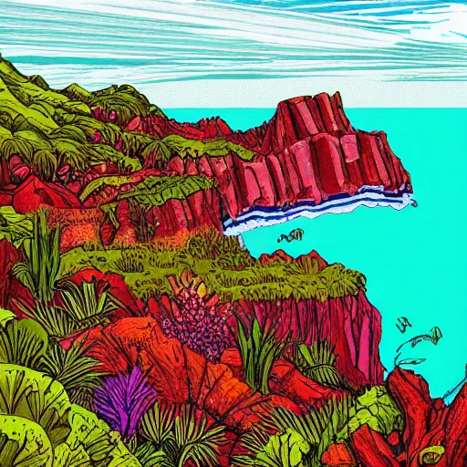 Image similar to illustration of a lush natural scene on an alien planet by matt johnson. beautiful landscape. colourful weird vegetation. cliffs and water.