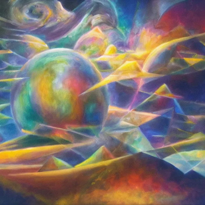 Image similar to temple of sleep non-Euclidean geometry sleepwalker mythos dream clouds and lambent fog, award winning oil painting, polychromatic spectrum