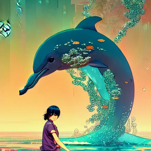 Image similar to a beautiful hyperdetailed character design 4 k wallpaper illustration of a cute dolphin and a beautiful girl, victo ngai cyberpunk style, from china, style of studio ghibli, makoto shinkai, raphael lacoste, louis comfort tiffany, artgerm, james jean, ross tran, chinese style