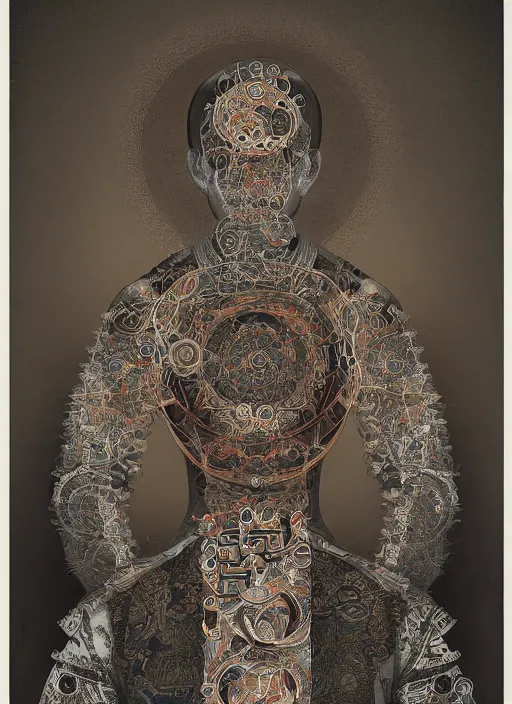 Prompt: portrait of a meditating machine monk cyborg wrapped in sacred scrolls, imari, fractal, in the style of the matrix, intricate ornaments, elegant, highly detailed, digital photography, subsurface scattering, by jheronimus bosch and greg rutkowski,