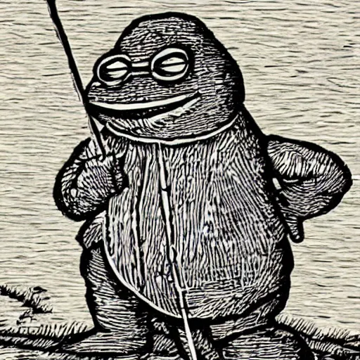 Image similar to pepe the frog, viking saga, woodcut by christian krohg