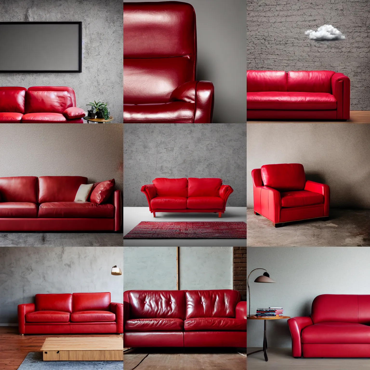 Prompt: Cumulus cloud floating over a red leather couch, studio photography, 8k