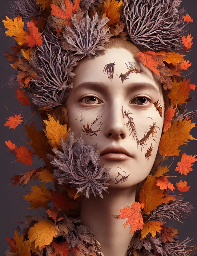 Image similar to 3 d goddess close - up profile portrait wearing a beautiful intricately detailed autumn mask, fall leaves, thistles, phoenix, dried plants, foxes, wind, creature, artwork by tooth wu and wlop and beeple and greg rutkowski