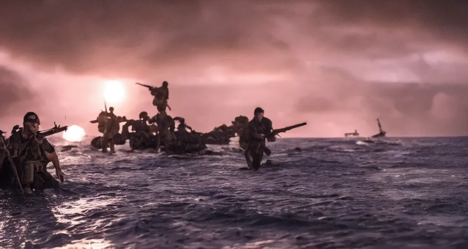 Prompt: First official image from Alejandro Landes' new war drama film Marea, set on the Colombian Caribbean coast. Filmed by Jasper Wolf on ALEXA Mini, Vantage One T1 lens. Cinematography, contrast, nighttime.