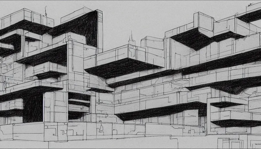 Image similar to big brutalist villain base, drawing architecture