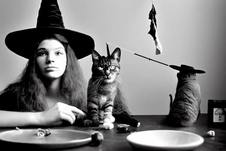 Image similar to close up portrait, dramatic lighting, concentration, calm confident teen witch and her cat, tarot cards displayed on the table in front of her, sage smoke, magic wand, a witch hat and cape, apothecary shelves in the background 1 9 7 0's photo, damaged film