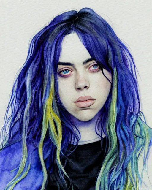 Prompt: a watercolor portrait of billie eilish