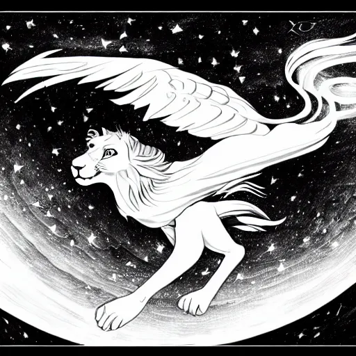 Prompt: angelic lioness flying in outer space, black and white ink on paper, thick outlines, 8k high quality detailed art, trending on art station, super wide angel, manga art, by Eiichiro Oda