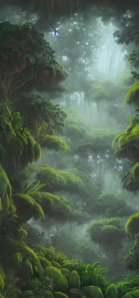Image similar to smooth blooming cloud forest. gouache painting by the award - winning concept artist, bloom, chiaroscuro, backlighting, depth of field.
