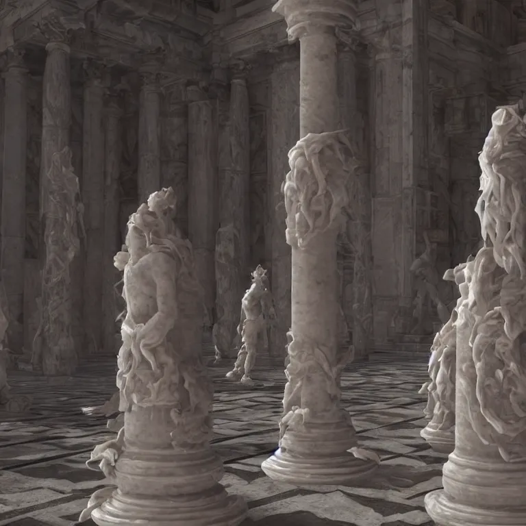 Image similar to octane render portrait by wayne barlow and carlo crivelli and glenn fabry, a first person shooter video game taking place inside an ancient greek mystery cult, fire and smoke, white marble columns, dancers dressed in flowing white togas, cinema 4 d, ray traced lighting, very short depth of field, bokeh