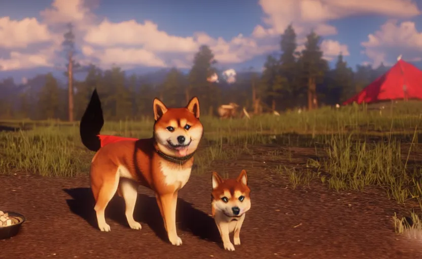 Image similar to A shiba inu dog in Red Dead Redemption 2, cinematic shot, campfire