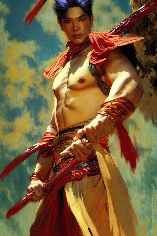 Prompt: wuxia, male, character design, colorful, painting by gaston bussiere, craig mullins, j. c. leyendecker, tom of finland