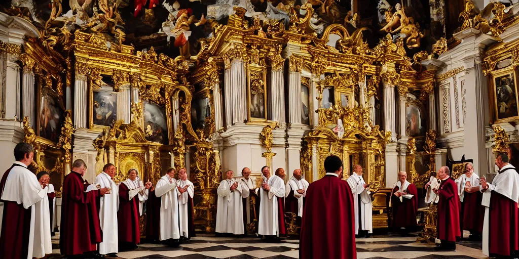 Prompt: photography of circle group of priests invoking ritual in a baroque intricate church