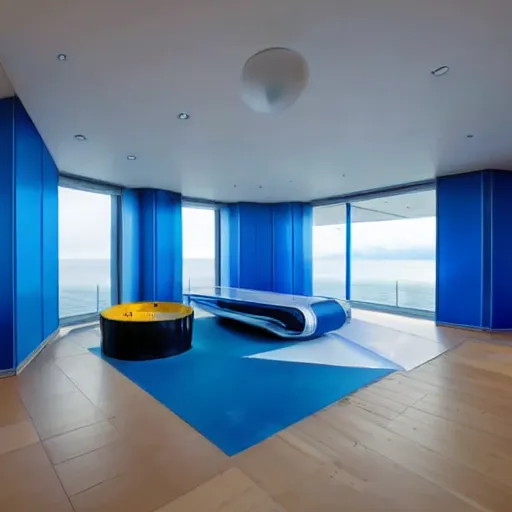 Image similar to large futuristic interior room made of blue spongious material. Startrek style. With a swimming pool on the floor and large windows showing sea at dawn.