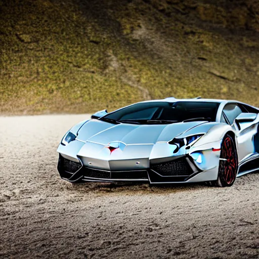 Image similar to A beautiful silver Lamborghini aventador on the beach, 8k