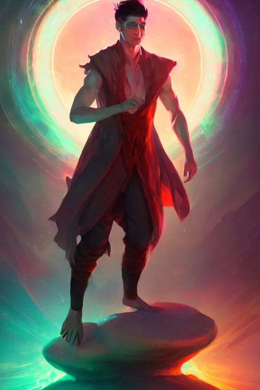 Image similar to a human elemental sorcerer, blurred environment background, colorful magic effects, white skin, portrait, male, clothed, sharp focus, digital art, concept art, trending on artstation, dynamic lighting, by emylie boivin and rossdraws