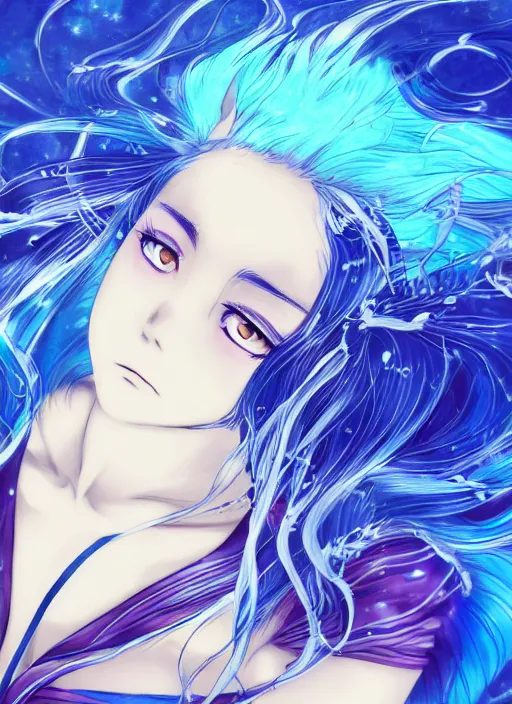 Image similar to a woman with blue hair sitting underwater, a beautiful anime drawing by yuumei, featured on pixiv, rayonism, pixiv, seapunk, anime, detailed