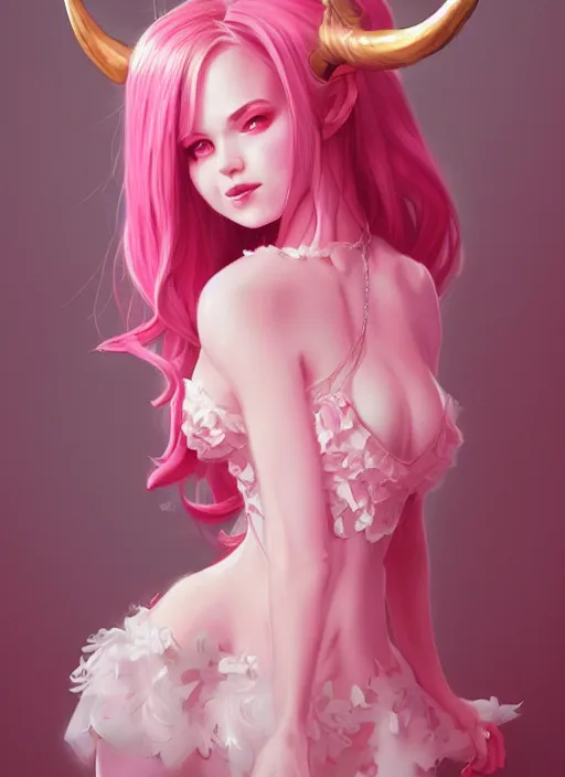 Image similar to a highly detailed illustration of cute smug pink haired pale girl with horns wearing pink dress, dramatic smirk pose, intricate, elegant, highly detailed, centered, digital painting, artstation, concept art, smooth, sharp focus, league of legends concept art, wlop.