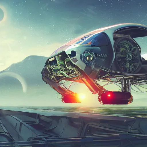 Image similar to solarpunk hovercar, clean energy, green technology, highway, sunny day, futurism, intricate, engines, glow, highly detailed, drone wings, peaceful, utopia, bright, digital painting, artstation, concept art, smooth, sharp focus, epic landscape, art by akihiko yoshida and tim mcburnie and anato finnstark