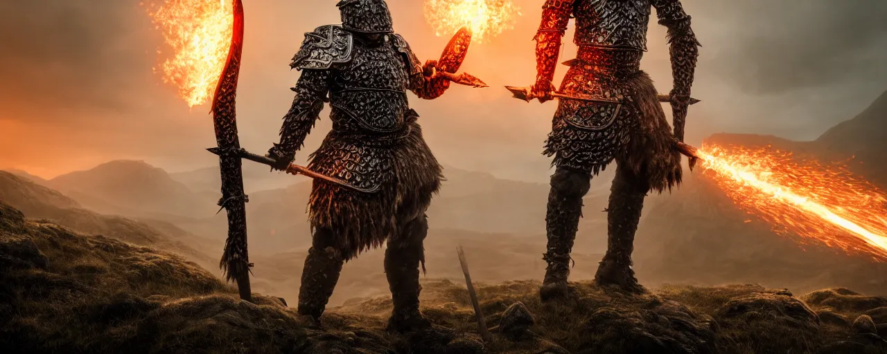 Image similar to full body portrait photo of a brutal nordic Warrior, wearing intricate steel armor, holding magical fiery battle-axe, sharp focus, highland landscape with few trees background, magical aura, heroic pose, fantasy style, octane render, volumetric lighting, 8k high definition, highly detailed, trending on ArtStation, centered