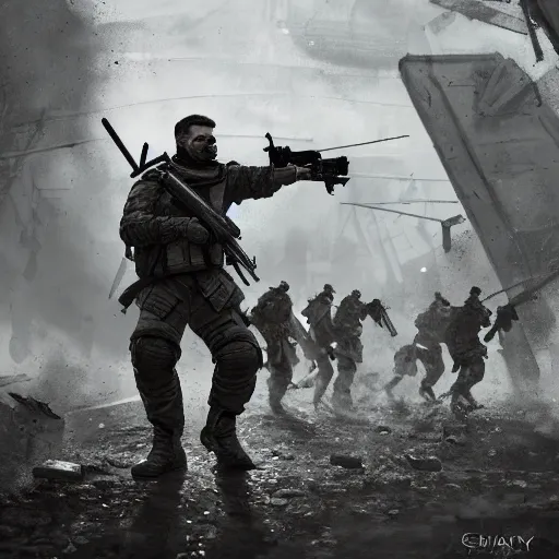 Prompt: British mercenary in grey uniforms with black armor vests fighting in Ukraine 2022, by Cedric Peyravernay, highly detailed, excellent composition, cinematic concept art, dramatic lighting, trending on ArtStation