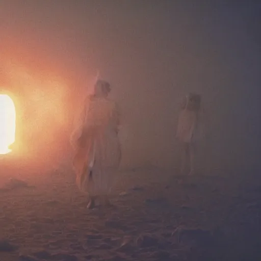 Image similar to The full body shot of beautiful pale woman with white flowers and full-face golden mask inside a thick black smoke in rocky desert landscape, glowing eyes everywhere, burning earth by Gaspar Noe and Christopher Doyle, anamorphic lens, anamorphic lens flares, kodakchrome, cinematic composition, practical effects, award winning photo, 8k