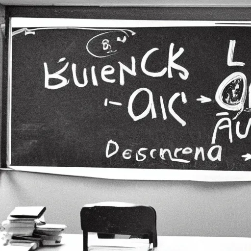 Prompt: scientists discovers duck, black and white photo, classroom with blackboard covered with formulas